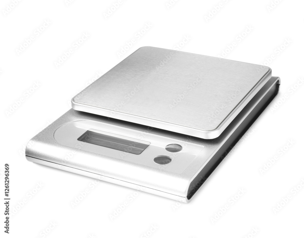Modern electronic kitchen scale isolated on white Modern electronic kitchen scale isolated on white