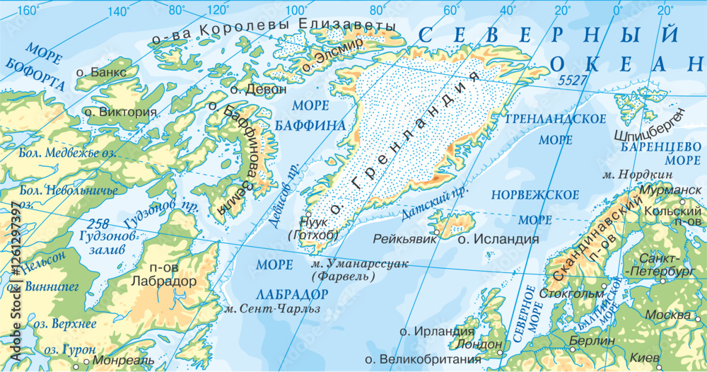 Naklejka premium North American continent with greenland, canada. Vector physical, geographical world map. Iceland, Reykjavik. Arctic ocean. Svalbard, Scandinavian Peninsula, Ireland. Russian language lettering.