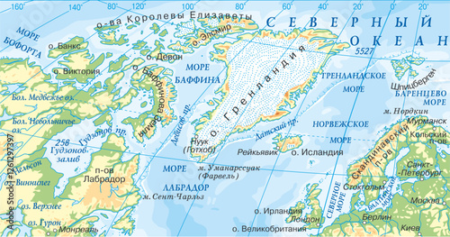 North American continent with greenland, canada.
Vector physical, geographical world map. 
Iceland, Reykjavik. Arctic ocean. Svalbard, Scandinavian
Peninsula, Ireland. Russian language lettering.