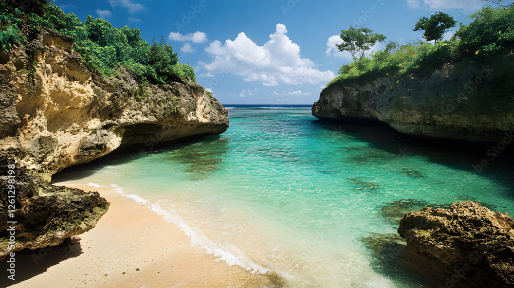 Crystal-Clear Waters Lapping Against Rugged Cliffside in Serene Cove Crystal-Clear Waters Lapping Against Rugged Cliffside in Serene Cove