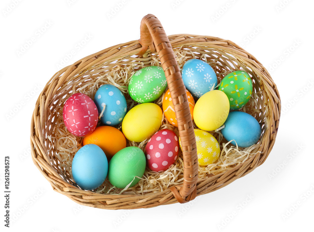 Happy Easter. Bright painted eggs in wicker basket isolated on white, above view Happy Easter. Bright painted eggs in wicker basket isolated on white, above view