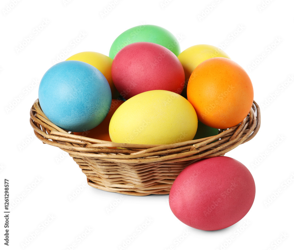 Naklejka premium Many decorated Easter eggs in basket isolated on white