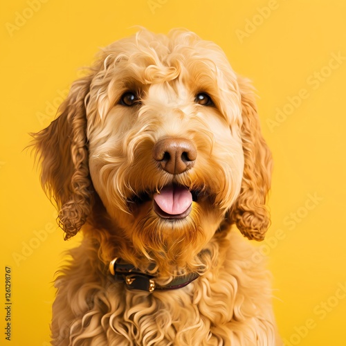 A adorable Golden Labra doodle on yellow background  photo