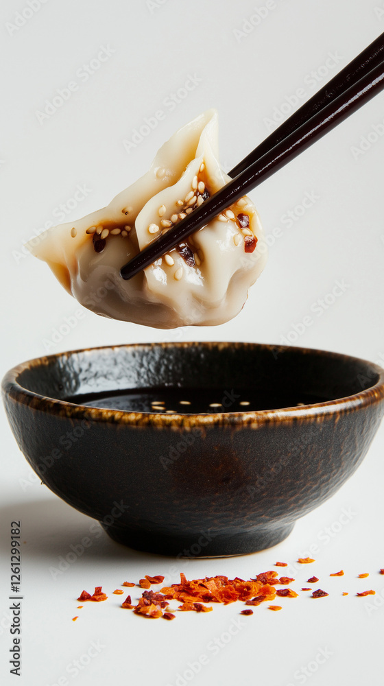 Closeup Chinese dumpling dipped in a spicy sauce