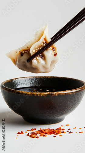 Obraz na płótnie Closeup Chinese dumpling dipped in a spicy sauce w salonie