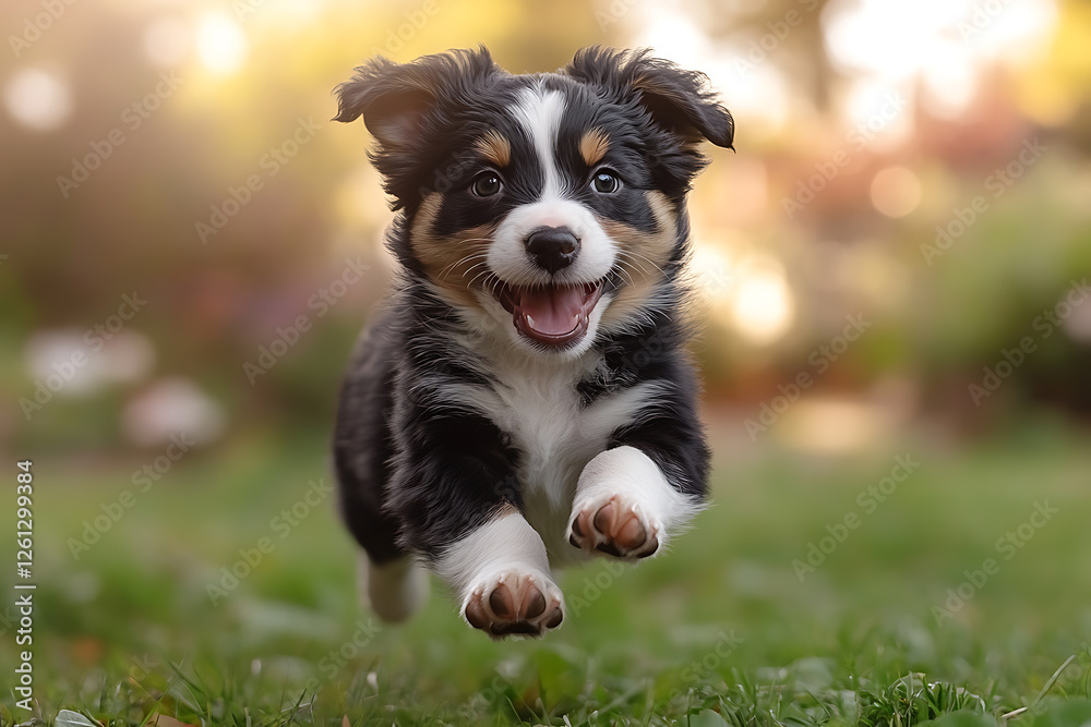 A playful puppy runs across a lush green field, full of energy and excitement. 