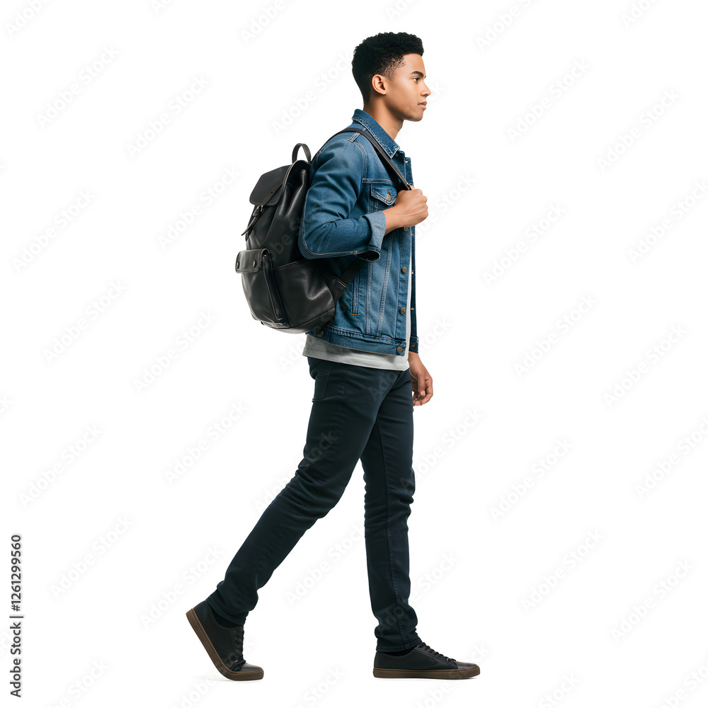 Fototapeta premium A confident young male commuter walks with a backpack, wearing casual attire, captured from the side, isolated on a clean white background for a modern feel, isolate white background