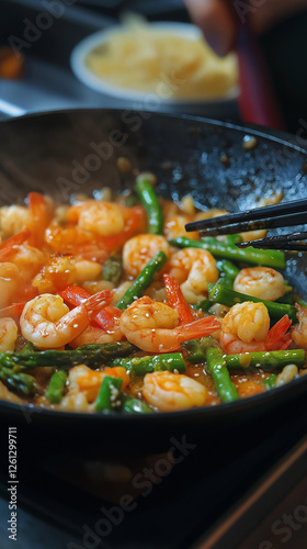 Obraz na płótnie Shrimp and asparagus stir fry with sesame seeds vertical w salonie
