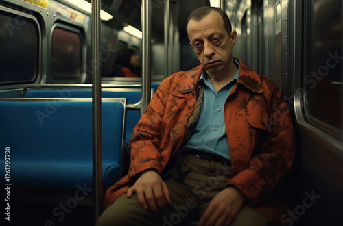 Sad man sitting alone on subway photo