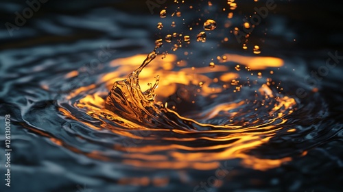 The image captures the mesmerizing beauty of water as it ripples and splashes, reflecting golden light that creates an enchanting atmosphere of movement. photo