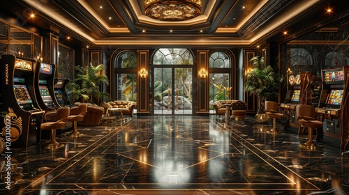 Luxurious game room with slot machines, marble floor, and large windows overlooking a garden.