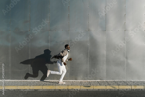 Businessman running in urban city with jacket flowing in wind