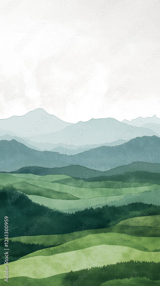 Green fields, trees and distant mountains vertical