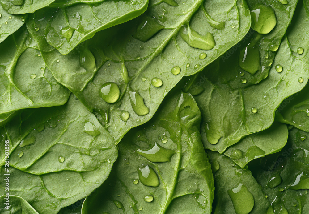 Fototapeta premium Close-up of fresh spinach leaves with water droplets, background, texture. Green salad leaf close-up.