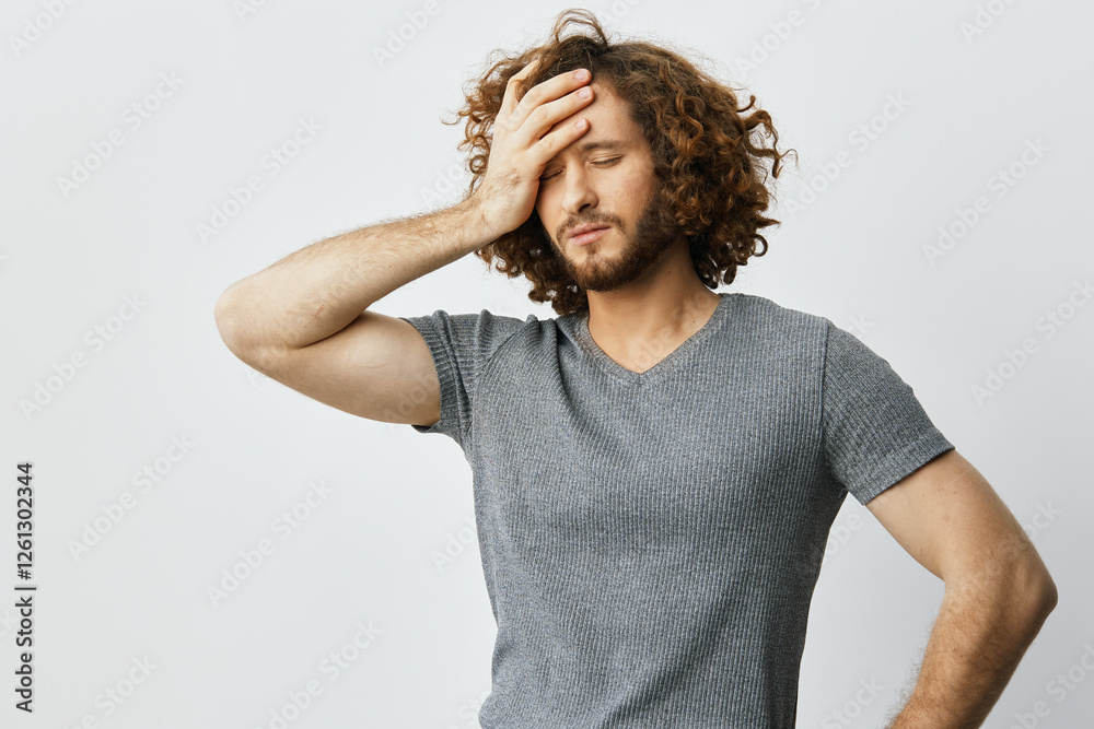 A frustrated man with curly hair in a gray t shirt, holding his forehead, conveying stress against a minimalistic background, perfect for wellness and mental health themes A frustrated man with curly hair in a gray t shirt, holding his forehead, conveying stress against a minimalistic background, perfect for wellness and mental health themes