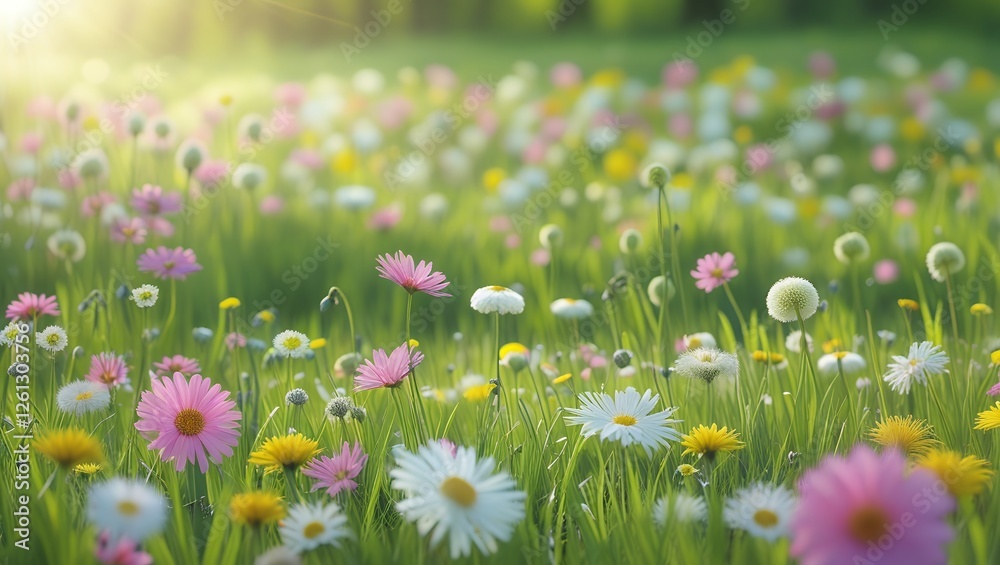Fototapeta premium High-Resolution Meadow Photograph with Sunlit Wildflowers in Bloom – Lush Grass, Soft Shadows, Golden Light, and Delicate Pink, White, and Yellow Petals in a Peaceful, Natural Landscape