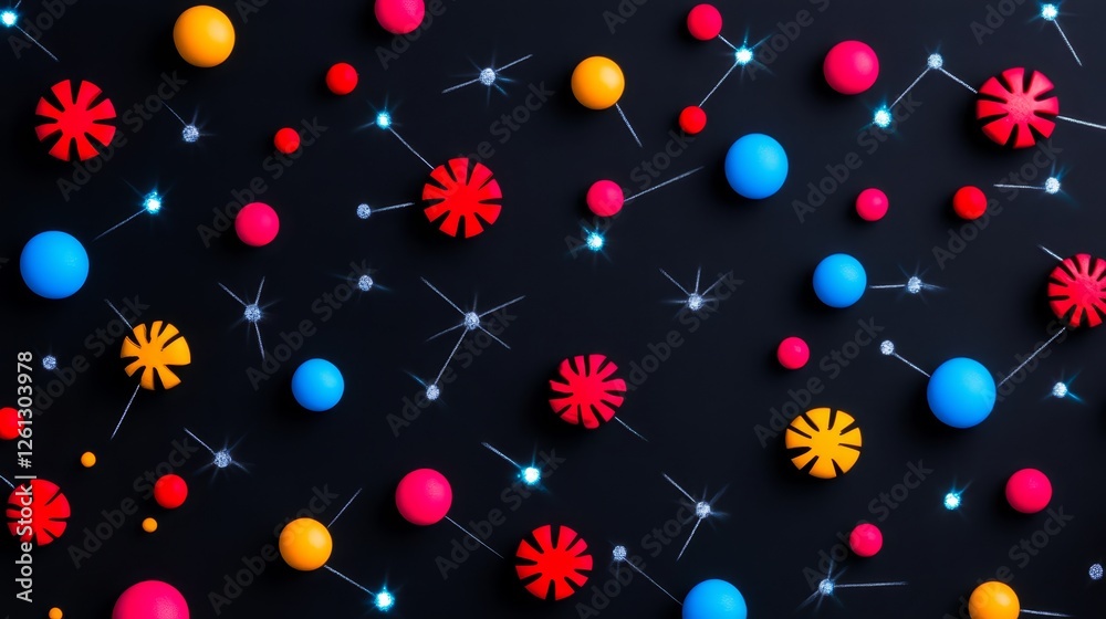 Server Room Data Center Network Abstract - Abstract data network concept. Colorful spheres and lines symbolize data flow, connections, and nodes. Represents technology, communication