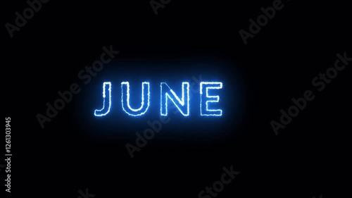 Neon June text animation on black background, June month neon line text concept, June neon looping animation, Blue neon glowing outline.