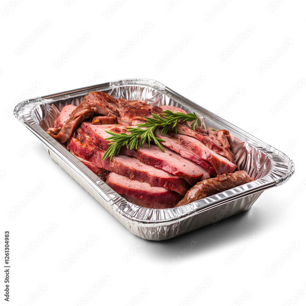 Sliced Roasted Meat in Foil Tray with Rosemary Garnish Sliced Roasted Meat in Foil Tray with Rosemary Garnish
