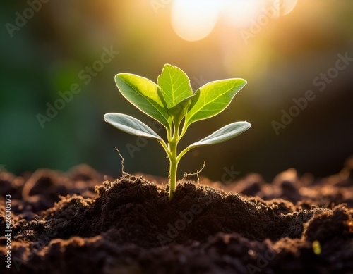 A delicate green seedling emerging from rich, dark soil, with soft sunlight highlighting its fresh leaves. A powerful symbol of new beginnings, sustainability, and environmental conservation. photo