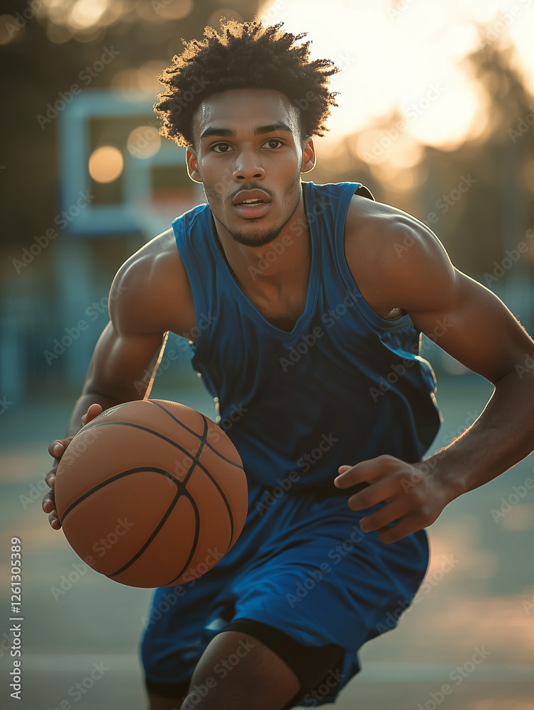 Athletic male basketball player in blue jersey dribbling on outdoor court with intense focus and motion_2