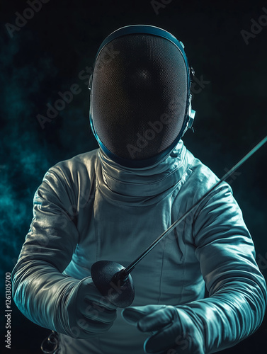 Focused male fencer in full gear holding a foil in a ready stance with dramatic lighting and cool tones