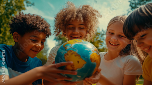 Group of diverse children joyfully holding a globe together in a green park during daytime_2