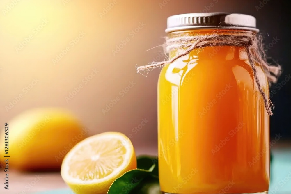 Fresh lemon and honey jar with lemons on wooden table Fresh lemon and honey jar with lemons on wooden table