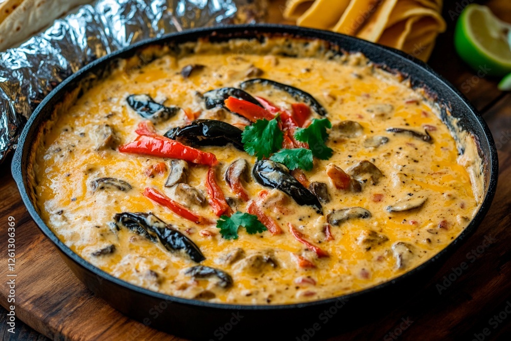 Sizzling cheese dip with peppers and mushrooms served in a cast iron skillet at a festive gathering