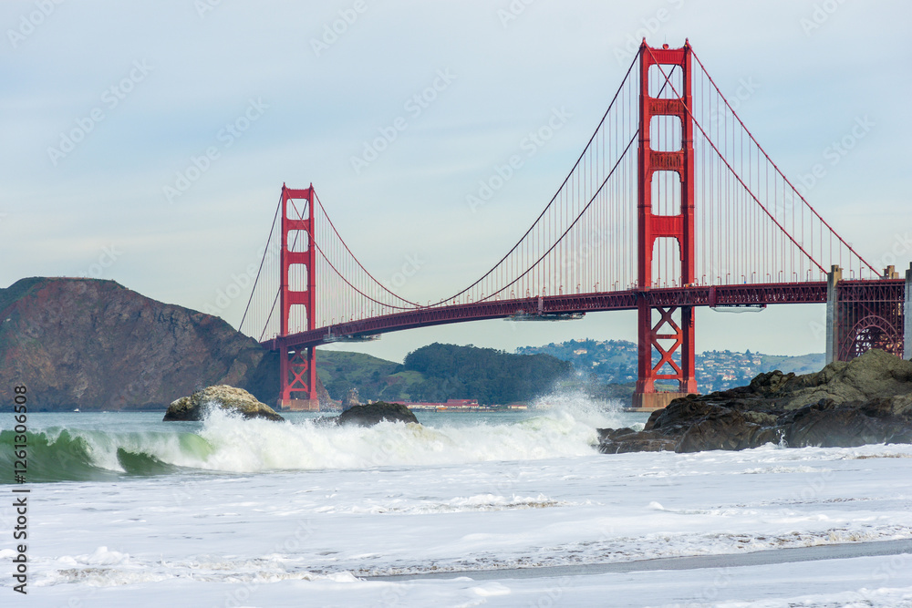 Surf in front of Golden Gate Bridge worldwide known symbol of California