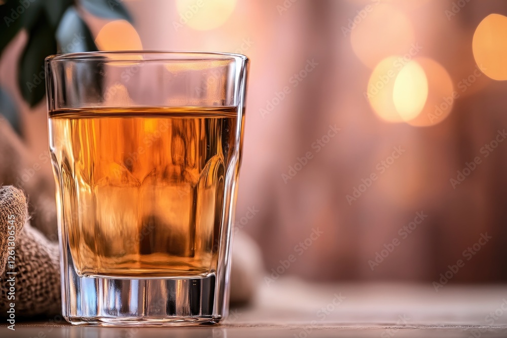 Glass of whiskey on wooden table with warm bokeh background lighting Glass of whiskey on wooden table with warm bokeh background lighting