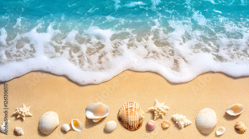 Sandy Beach with Scattered Seashells and Ocean Waves