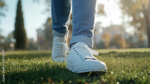 Closeup of a person wearing white sneakers and blue jeans walking on grass in a sunlit park. Casual lifestyle. Generative AI