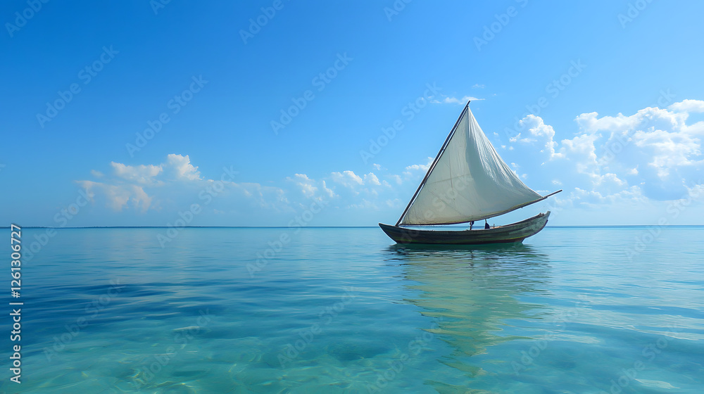 Fototapeta premium Sailboat on Serene Blue Sea under Clear Blue Skies