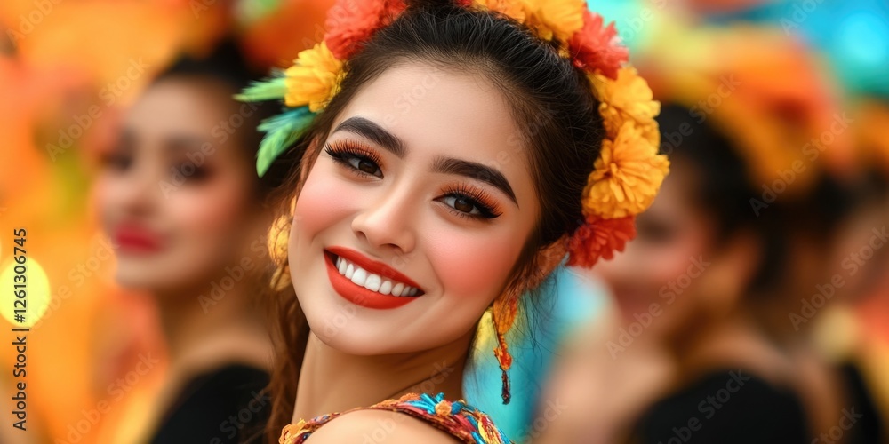 Young hispanic female in festive attire with colorful floral headpiece smiling Young hispanic female in festive attire with colorful floral headpiece smiling