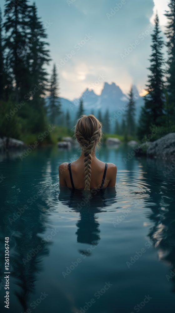 Woman enjoying a serene moment in a tranquil mountain lake Woman enjoying a serene moment in a tranquil mountain lake
