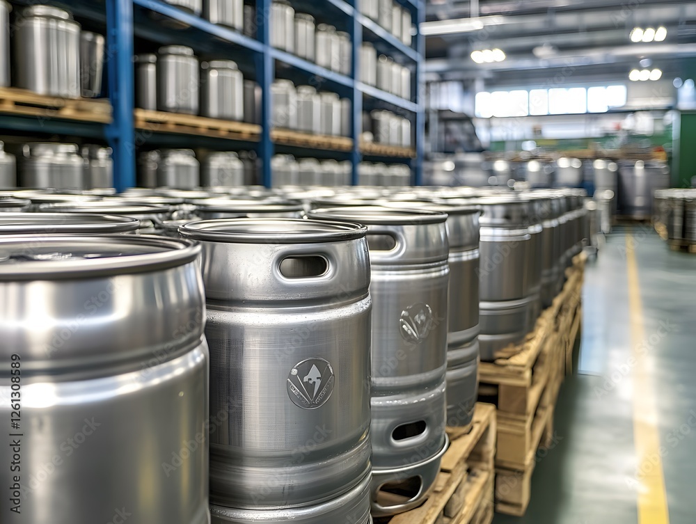 Large metal barrels or containers for beer in industry Large metal barrels or containers for beer in industry