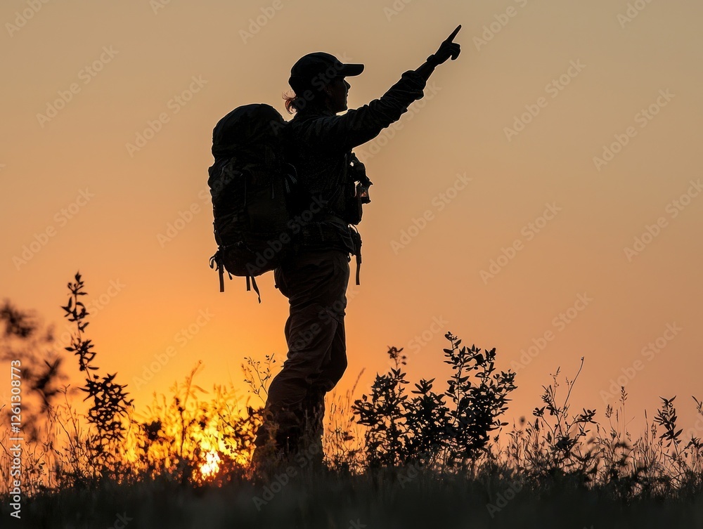 Silhouetted hiker raising arms in victory against a clear sky Silhouetted hiker raising arms in victory against a clear sky