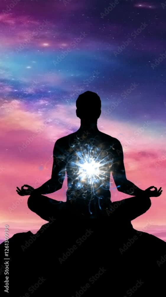 Silhouette of a man meditating on the lotus pose in front of galaxy universe background vertical video Silhouette of a man meditating on the lotus pose in front of galaxy universe background vertical video