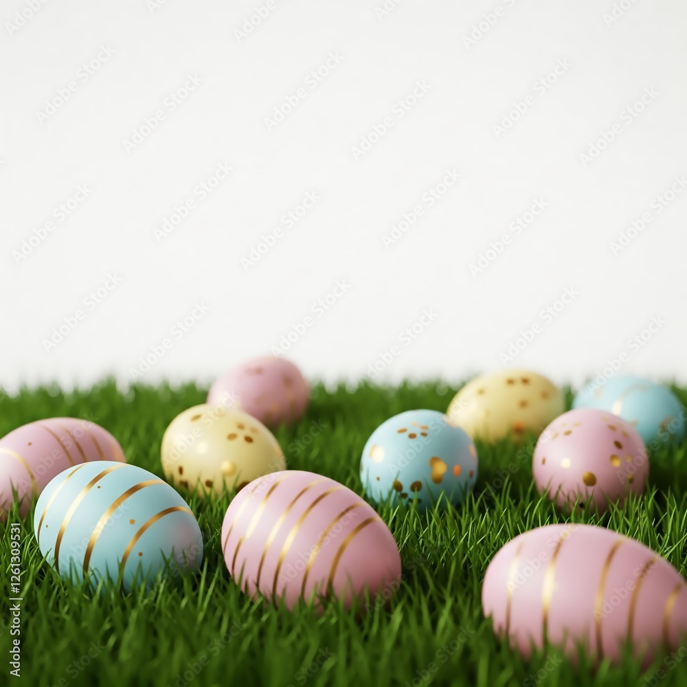 Fresh green grass with pastel Easter eggs scattered randomly. A soft gradient background with free space for text makes it ideal for website banners, social media, and seasonal campaigns. Fresh green grass with pastel Easter eggs scattered randomly. A soft gradient background with free space for text makes it ideal for website banners, social media, and seasonal campaigns.