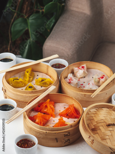 Traditional Asian dim sum food with chopsticks and soy sauces in brown wooden weaved bowls photo