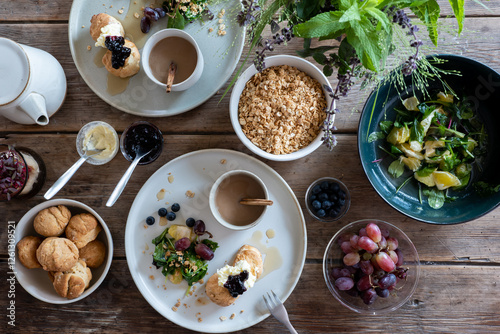 Top view of food assorted on table