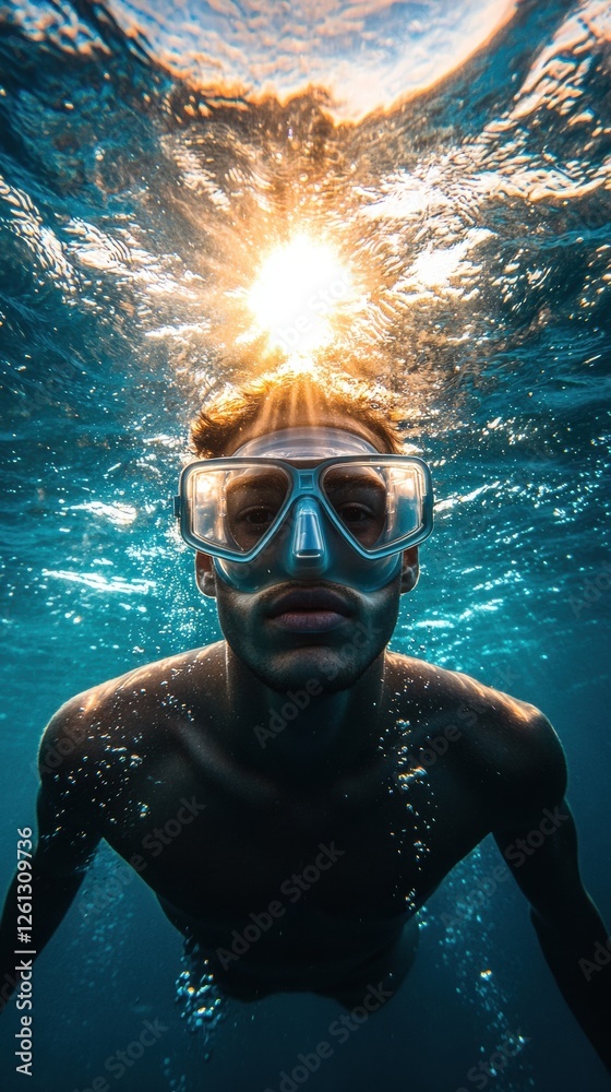 Fototapeta premium Man swimming underwater with a snorkel, illuminated by sunlight