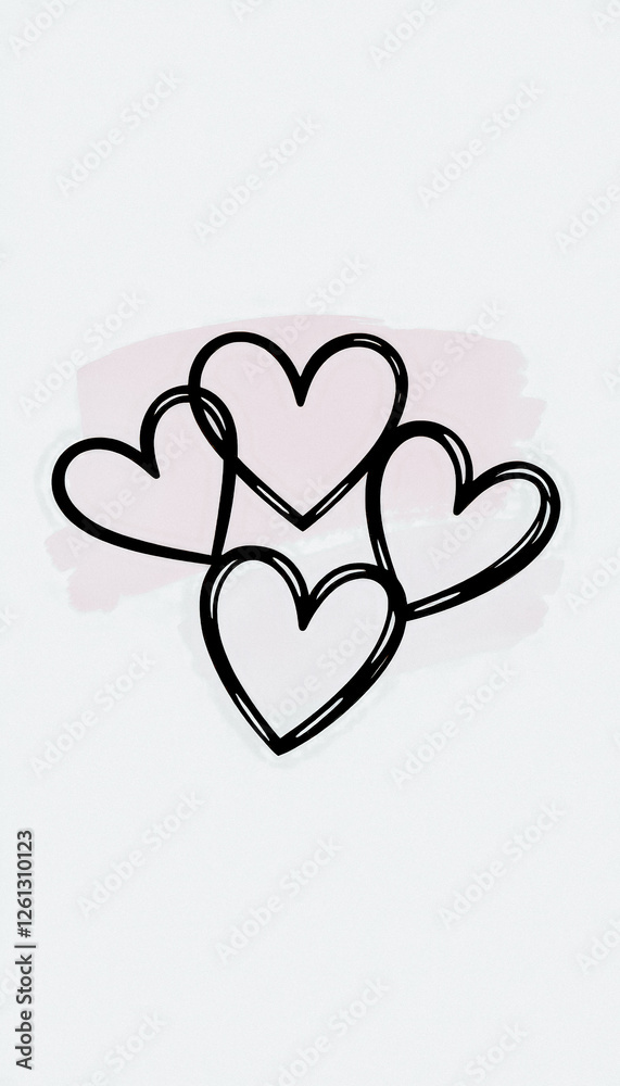 Three overlapping hand-drawn black hearts on a pastel pink background, symbolizing love and unity Three overlapping hand-drawn black hearts on a pastel pink background, symbolizing love and unity