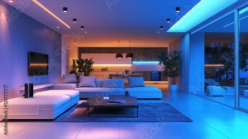 Modern living room with ambient lighting, patio view, smart home design