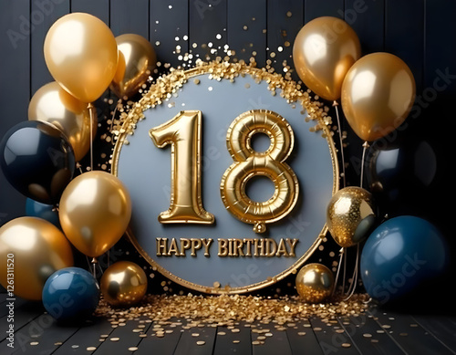 Wallpaper Mural Gold 18th happy birthday background, 18th birthday card illustration with balloons on dark background abstract Torontodigital.ca