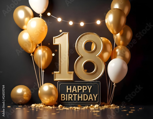 Wallpaper Mural Gold 18th happy birthday background, 18th birthday card illustration with balloons on dark background abstract Torontodigital.ca