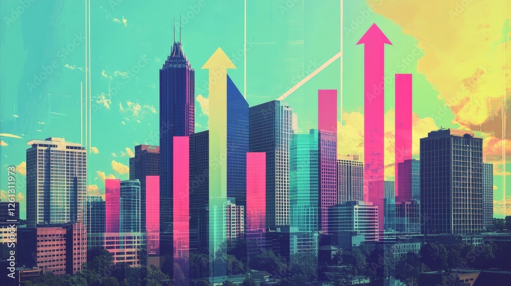 Obraz premium Skyline growth city urban landscape business analysis financial environment aerial view rising bar graph concept