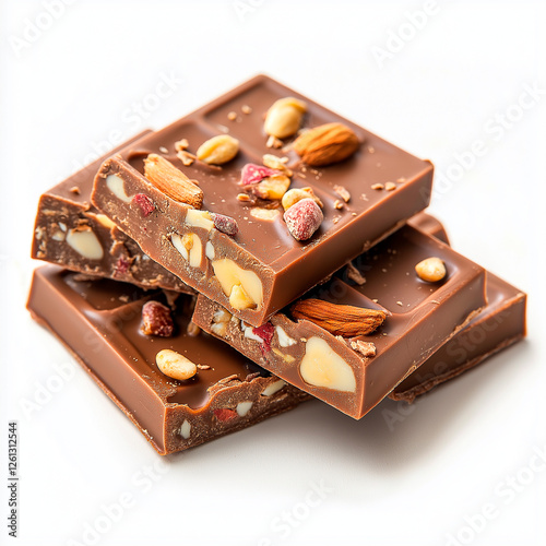 Crumbled chocolate bar pieces on a clean white background, showcasing dark chocolate richness and texture, perfect for adding depth to dessert themes.