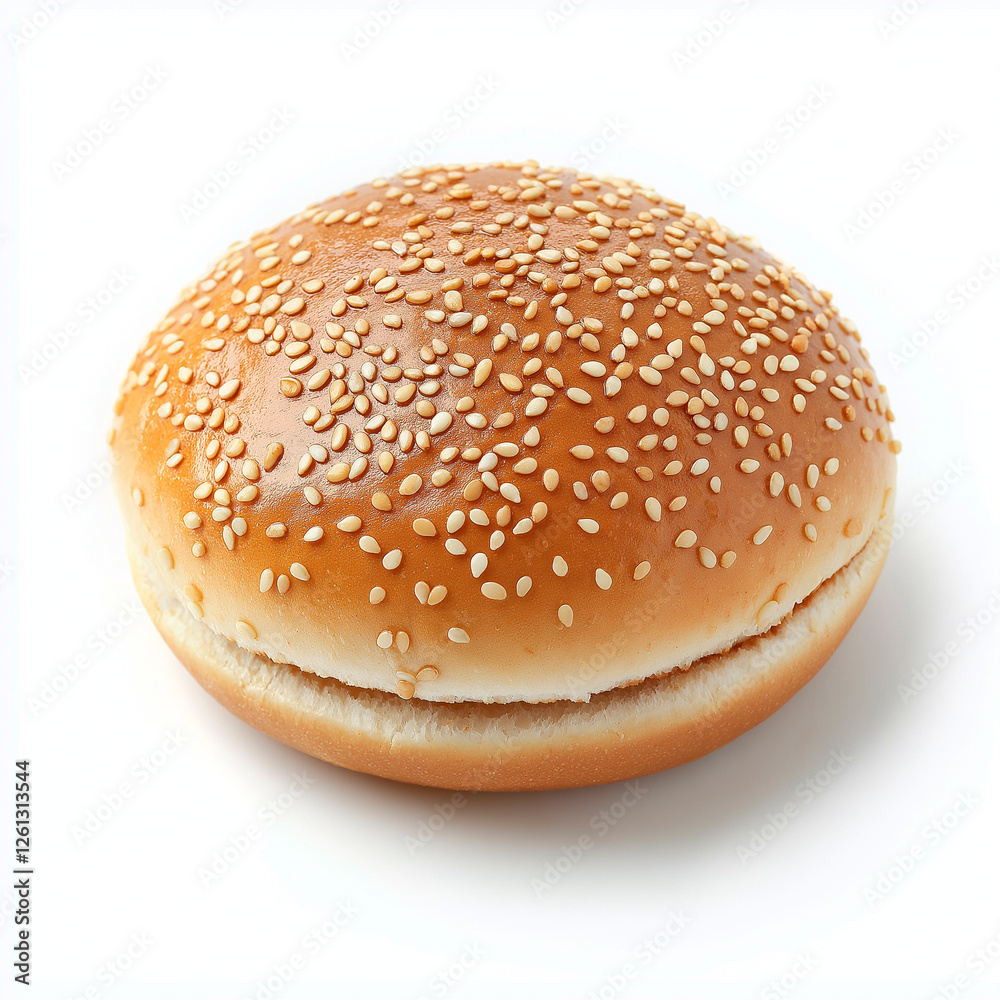Golden sesame seed hamburger bun isolated on white background, showcasing its perfect crispy crust and soft, fresh interior ideal for gourmet sandwiches. Golden sesame seed hamburger bun isolated on white background, showcasing its perfect crispy crust and soft, fresh interior ideal for gourmet sandwiches.